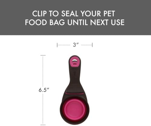 Dexas Popware for Pets Collapsible Klip Scoop, 3-in-1 Pet Food Scoop, Measuring Cup and Bag Clip, 1/2 Cup Capacity, Pink
