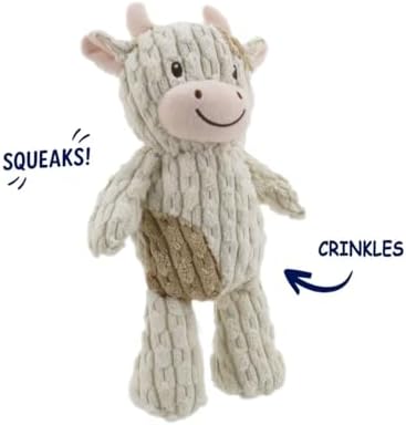 Linzy Plush Cow Dog Toy, Soft Squeaky Chew Toy for Small Medium Large Dogs, White and Tan, Interactive Pet Toy, 12 Inch