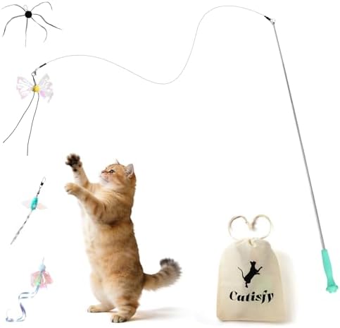 Cat Wand Toy – Retractable Wand with 4 Feather Toy Refills for Indoor Cats Enrichment, Interactive Cat Toy for Bored Adult Cats and High-Energy Kittens (BioBugs Serie 2.0)