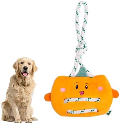 Green Sheep Interactive Plush Dog Toy, No Stuffing Squeaky Toy with Recycled Cotton Rope for Medium to Large Dogs, Chew Toy, Pumpkin