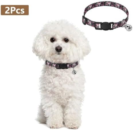 Palm Trees Dog Collar with Bell 2 Pack Small Dog Collar Adjustable 10.6 to 17.1 Inches