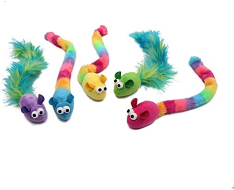 Jumpaws 5 Pack Interactive Catnip and Feather Cat Toys, Multi-Colored Mice with Long Feather Tail, Accessories for Indoor Cat, Catnip Plush Toys with Natural Feathers and Rattles