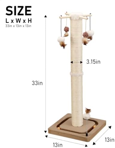 PEEKAB Cat Scratching Post for Indoor Adult Cats and Kittens,33 Inches Tall Large Sisal Scratch Post with Track Ball Toys,Cat Scratcher Toy Beige