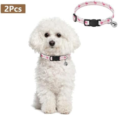 Pink Flamingos Stripes Cat Collar Breakaway with Bell 2 Pack Small Dog Collar Adjustable 10.6 to 17.1 Inches