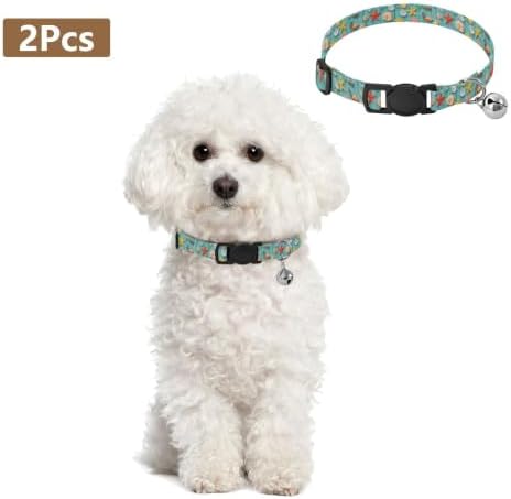 2 Pack Pet Collars Seashell Starfish Wood Aqua Dog Collar with Bell, Adjustable 10.6 to 17.1 Inches