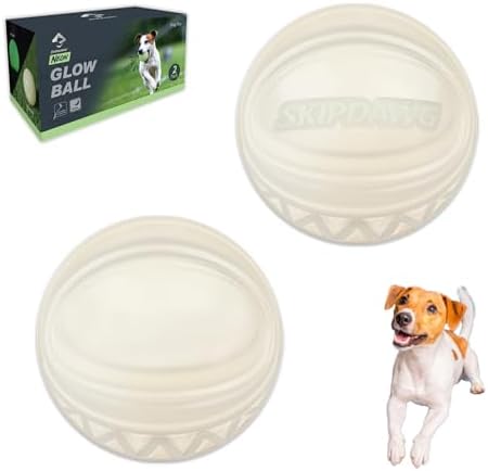 SKIPDAWG Interactive Dog Glow Balls, Rubber Balls Light Up in the Dark, Dog Toys Squeaky Ball Durable TPR Light Weight, Bouncy Glowing Ball Size 2.5 Inches, 2 Pack