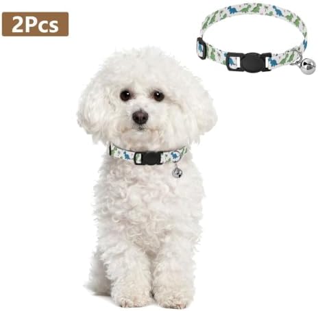 2 Pack Kitten Collar Cute Cartoon Dinosaurs Blue Green Bell Collar for Small Dogs, Adjustable Length 10.6" to 17.1"