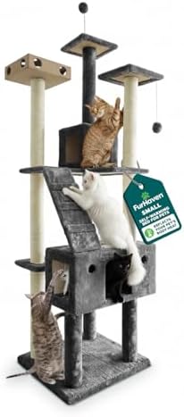 FurHaven 69.3" Tall Cat Scratching Post Tower for Indoor Cats, Sisal Cat Tree with 2 Condos, Tiger Tough Double Decker Playground, Toys & Perches for Cats, Sisal, Silver Gray