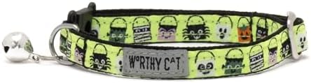 THE WORTHY DOG Halloween Patterns, Breakaway Cat Collar with Bell, Lime