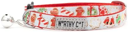 THE WORTHY DOG Christmas Patterns, Breakaway Cat Collar with Bell, Blue