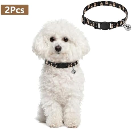 Cute Pug Dogs Black Lightweight Small Dog Collar, 2 Pack Breakaway Cat Collars with Bell