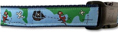 Pirate Dog Collar Medium Handmade Nautical Pet Collar with Parrots Treasure Map and Pirate Ship Adjustable 13-19 Inch