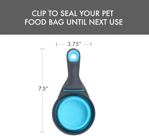 Dexas Popware for Pets Collapsible Klip Scoop, 3-in-1 Pet Food Scoop, Measuring Cup and Bag Clip, 1 Cup Capacity, Blue