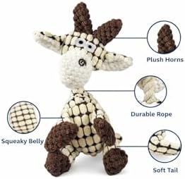 White Goat Dog Squeak Plush Toy with Rope – Durable Stuffed Dog Toy with Built-in Squeaker, Interactive Chew Toy for Teething Puppy, Small and Medium Dog