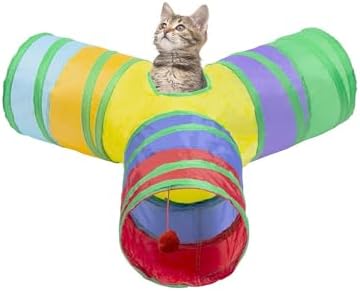 3 Way Cat Tunnel Collapsible Fun Pet Play Tube Toys for Cats, Kittens, Puppies & Rabbits - Portable Tunnel with Hanging Ball for Indoor Play, Hideout & Exercise