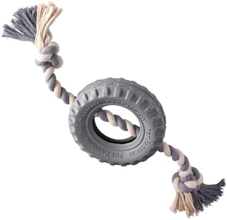 Pet Passion Natural Rubber Tire and Organic Cotton Rope Pull and Chew Dog Toy for All Pet Breeds, Gray, Medium
