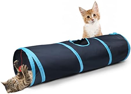 Sheldamy Cat Tunnel, 2-Way Collapsible Play Tunnel, Interactive Toy Maze for Small Animals, Suitable for Kittens, Puppies, Rabbits, Ferrets, Blue & Black