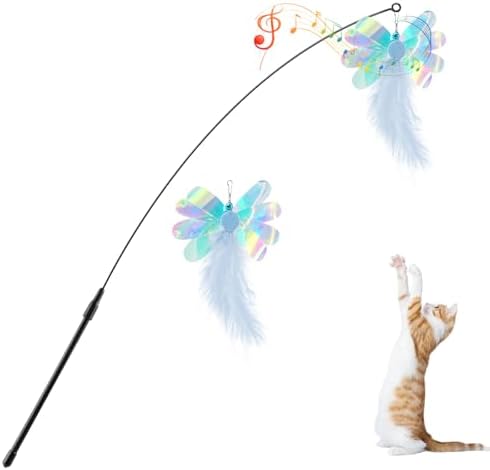 Pawaboo Cat Feather Wand Interactive Toy, 2 Feathers + 1 Wand with Bell