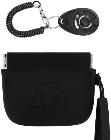 WALLFID Silicone Dog Treat Pouch, Auto Closure, with Pet Training Clicker, Walking Bag for Dog and Cat, Pocket Size, Easy to Clean, Odorless, Travel Bag (Black)