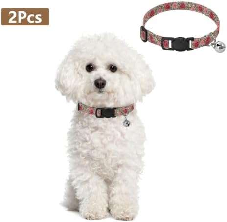 2 Pack Pet Collar Red Roses Green Leaf Puppy Collar with Bell, Adjustable 10.6 to 17.1 Inches