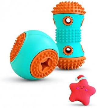 Dog Chew Toys 3 Pack, Squeaky Toy, Treat Dispensing Slow Feeder for Large and Medium Dog, Multifunctional Teeth Cleaning and Gum Massage (Dumbbell-Ball-Star)