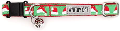 THE WORTHY DOG Christmas Patterns, Breakaway Cat Collar with Bell, Green