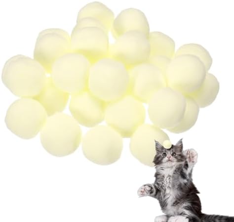 Cat Toy Pom Ball, Interactive Cat Ball Toys Fuzzy Pompoms (Plush, 1.2Inch, 30Pcs, Creamy Yellow) for Kittens Pet Enrichment Training Play Indoor