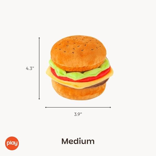 P.L.A.Y. Cute Plush Dog Toys - Fast Food Themed Durable Giggle Chew Toy, Great for Puppies & Small, Medium, Large Dog - Machine Washable, Recycled Materials (American Classic Burger, Medium)
