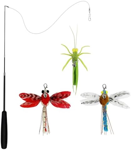 TTcat Cat Feather Wand Toys,Retractable Wand Toy with 3 Simulation Insects Dragonfly Grasshopper Refills,Interactive Cat Toy Kitten Toy for Indoor Cats to Play Chase Exercis.