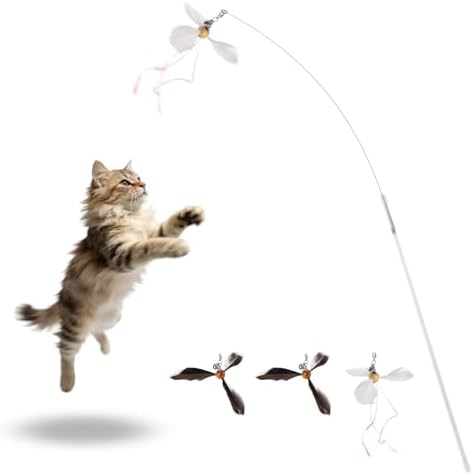 Retractable Cat Wand Toy with Spinning Natural Feather – Interactive Cat Teaser Wand for Indoor Cats, Adjustable Lightweight Cat Toy Wand with 4 Feather Refills - No String Version