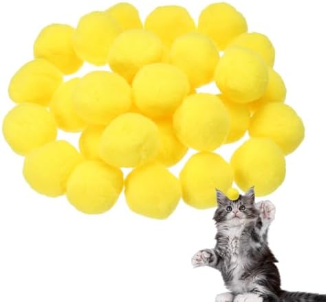 Cat Toy Pom Ball, Interactive Cat Ball Toys Fuzzy Pompoms (Plush, 1.2Inch, 30Pcs, Yellow) for Kittens Pet Enrichment Training Play Indoor