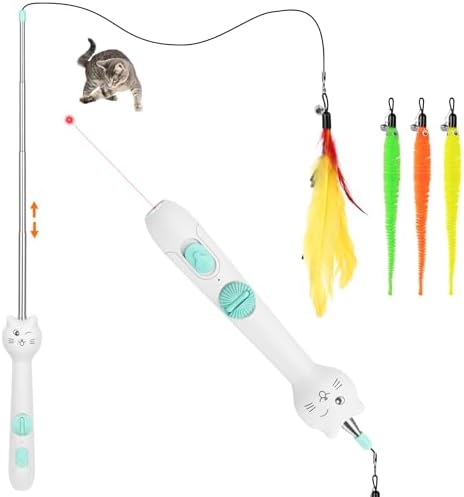 TBTeek Cat Toys Retractable Pole Wand Toy with Feather for Indoor Cats | with Light and 22" Retractable Pole with Feather,Rechargeable,5 Modes, 2in1 Interactive Wand Toy 3 Refills
