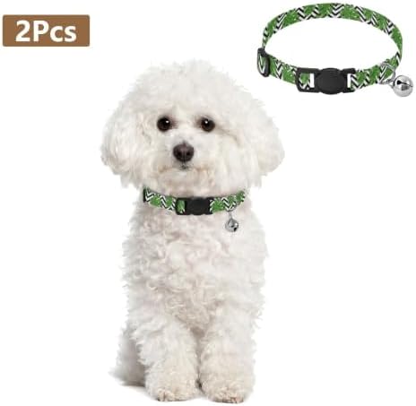 2 Pack Small Dog Collar Tropical Leaf Geometric Zigzag Small Dog Collar with Bell, Adjustable Length 10.6" to 17.1"