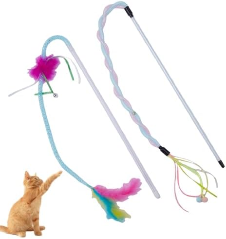 2-Pack Cat Toy Wand Set: Interactive Cat Teaser Wands with Bells and Streamers to Engage Your Cat’s Natural Instincts (Tassels and Sequins)