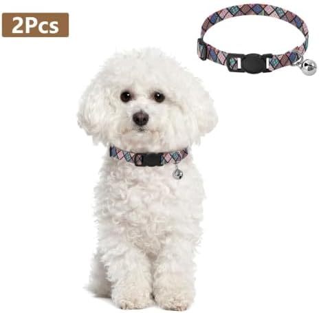 2 Pack Kitten Collar Colorful Geometric Squares Cat Collars with Bell, Adjustable 10.6 to 17.1 Inches