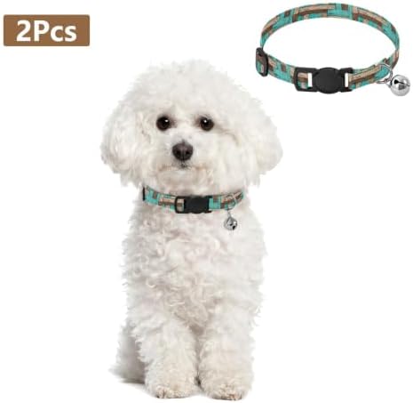 Teal Brown Wood Collar for Cats, 2 Pack Small Dog Collar with Bell