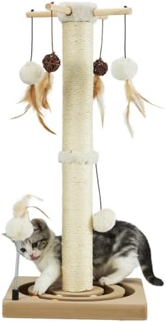 PEEKAB Cat Scratching Post Sisal Scratch Posts for Indoor Cats and Kittens,30 Inches Tall with Tracking Ball Interactive Toys and Hanging Balls Beige