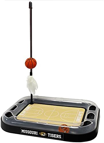 NCAA Missouri Tigers Basketball Court Scratcher Toy with Catnip Filled Plush Basketball & Feather Cat Toy Hanging, Jingle Bell Interactive Ball