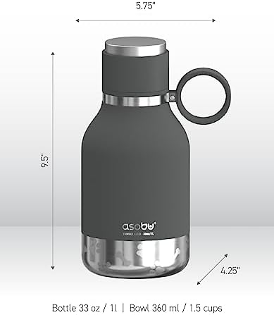 Asobu Dog Bowl Attached to Stainless Steel Insulated Travel Bottle for Human 37oz/1.1 Liter with Detachable Dog Bowl (Smoke)