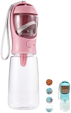 Dog Water Bottle with Food Treat Container 2 in 1, Travel Puppy Water Bowl, Portable Pet Dispenser, Dog Stuff Accessories Items, Puppy Essentials Necessities for Walking On The Go (Pink, 600ML)