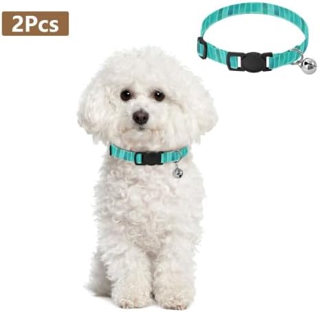 2 Pack Small Dog Collar Watercolor Teal Turquoise Decorative Pet Collar with Bell, Adjustable Length 10.6" to 17.1"