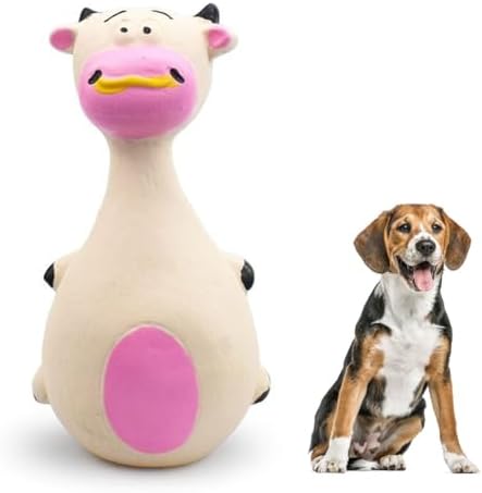 Interactive Dog Toys for Small Dogs, Rubber Latex Squeaky Toy with Cartoon Design, Bite Resistant Soft Chew Toy for Dogs Perfected for Play Teething for Small Medium Dogs (White Cow)
