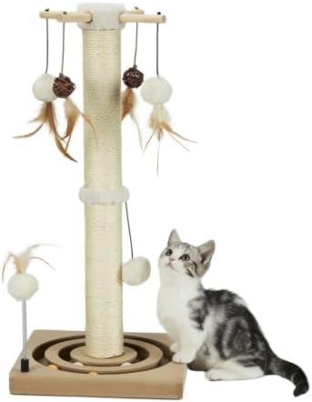 PEEKAB Cat Scratching Post Sisal Scratch Posts for Indoor Cats and Kittens,with Tracking Ball Interactive Toys and Hanging Balls 25 Inches Beige