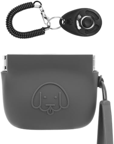 WALLFID Silicone Dog Treat Pouch Small Bag,Auto Closure,with Pet Training Clicker,Walking Bag for Dog and Cat,Pocket Size,Easy to Clean,Odorless (dark gray)
