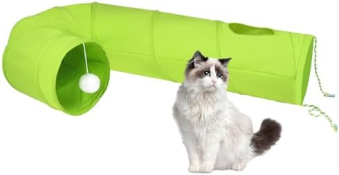Cat Tunnel, 2-Way Collapsible Cat Tube with Interactive Peek-A-Boo Hole, Toy Ball, and Rope – Ideal for Indoor Cats, Kittens, and Rabbits (Green)