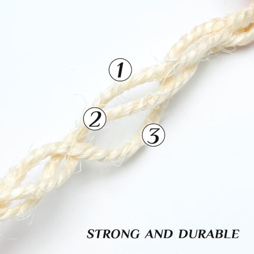 White Sisal Rope 1/6 Inch by 164-Feet for Cat Scratching Post Tree Tower Replacement Repair and Replace, DIY Hemp Twine Rope for Kittens Shelves Furniture Window Bed Perch House Climbing, 4mm by 50m