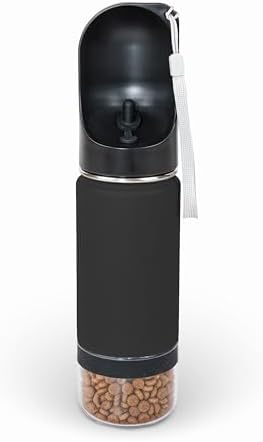 Mon Chateau 14oz Portable Dog Water Bottle with 4 oz Snack Storage, Double Walled Stainless Steel Body, Leak-Proof, Dishwasher Safe Pet Travel Bottle for Dogs, Cats & Outdoor Use, Black