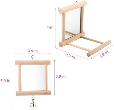 Wontee Bird Mirror for Cage Hanging Interactive Toys (Wood color-2pcs)