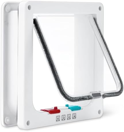 Amazon Basics Adjustable Plastic Dog and Cat Door with 4-Way Lock, Small, 5.7" x 5.6" Entrance, 7.5" x 7.4" x 2.2", White, for Interior and Exterior Doors or Wall