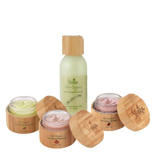Shira Organic – Facial Cleansers Combo, Eucalyptus Cleanser -89ml, Aha Treatment Scrub 15ml , Cherry Clay Mask 15ml , Grapefruit Moisturizer 15ml